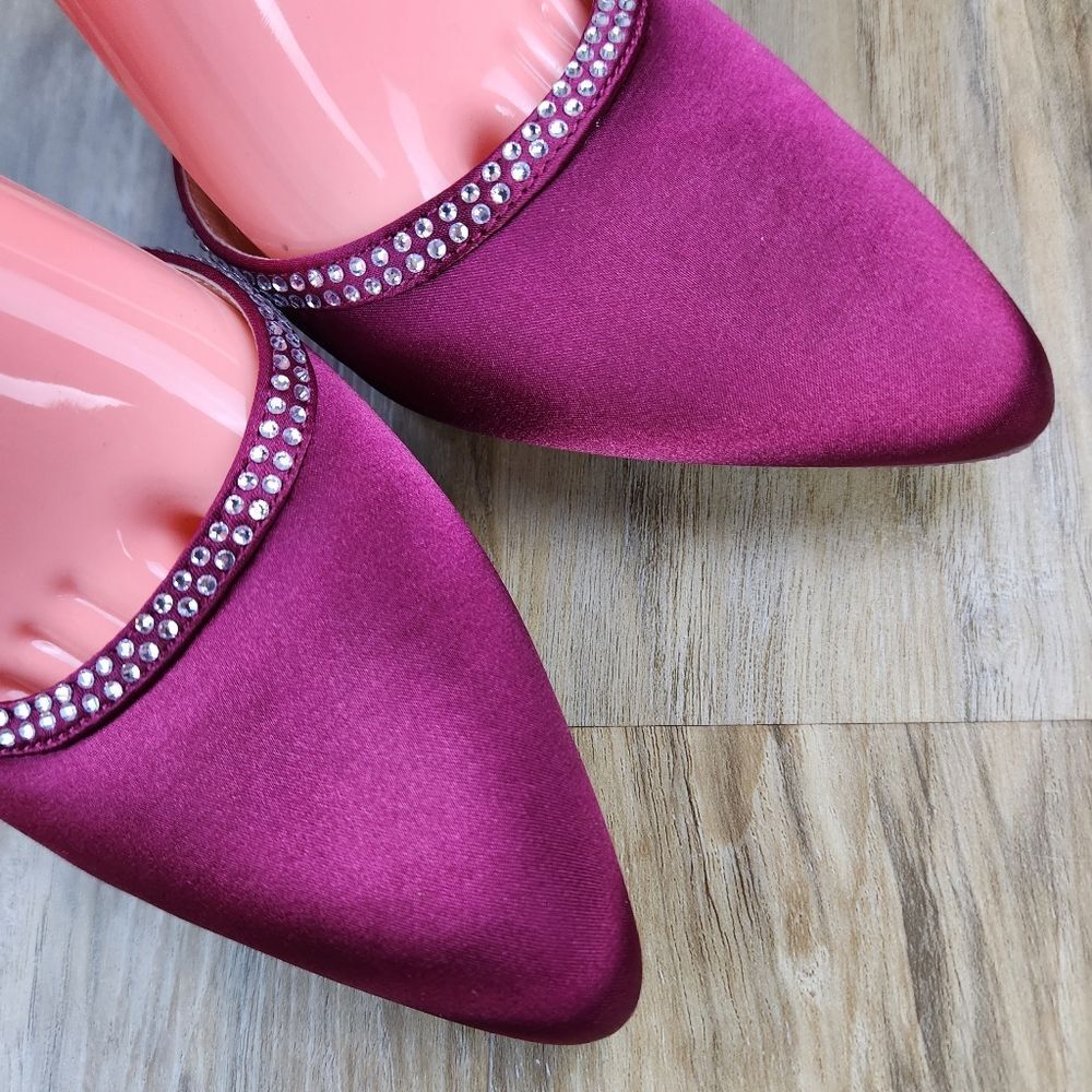 ☔️🩵Burgundy Satin & Rhinestone Buckled Ankle Strappy Heel Shoes Size 8 - Picture 8 of 15